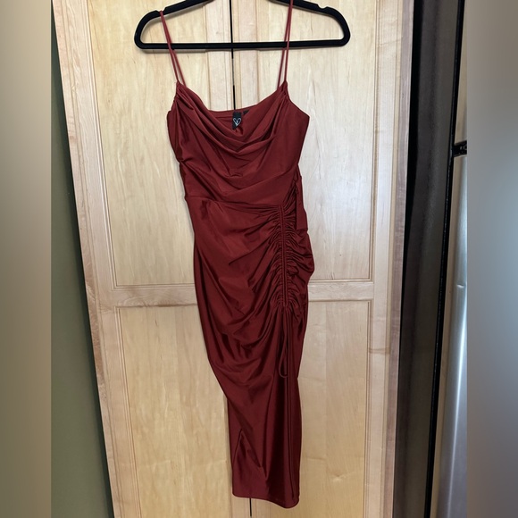 Windsor Dresses & Skirts - Windsor Burnt Orange Asymmetrical Ruched Side Slit Dress